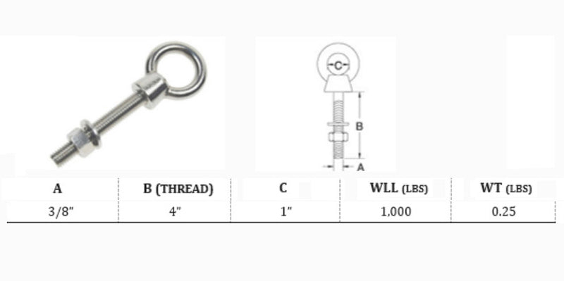 5 Pc Stainless Steel Marine 3/8" x 4" Shoulder Eye Bolt SS316 Fully Threaded 1,000 Lb Cap