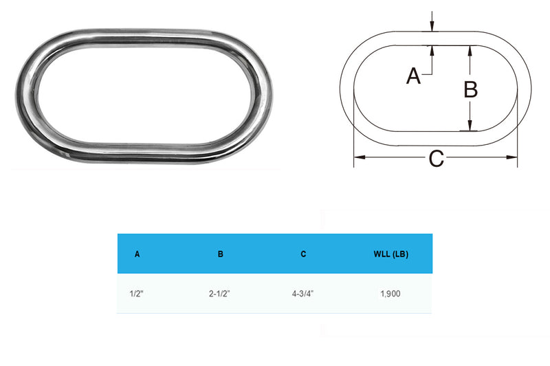 Marine Stainless Steel 1/2'' Master Link Welded Formed Boat WLL 1,900 Lbs SS316