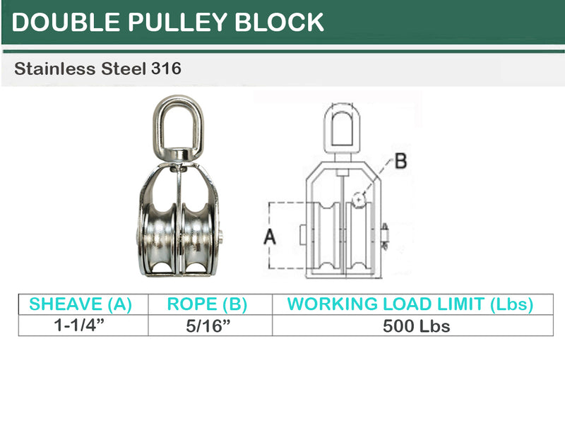 1-1/4'' Marine Stainless Steel DOUBLE Pulley w- Swivel Eye Hoist Lifting 500 Lbs