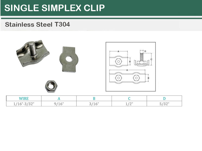 Marine Stainless Steel T304 1/16"-3/32" Single Simplex Clip Bolt Wire Rope Clips