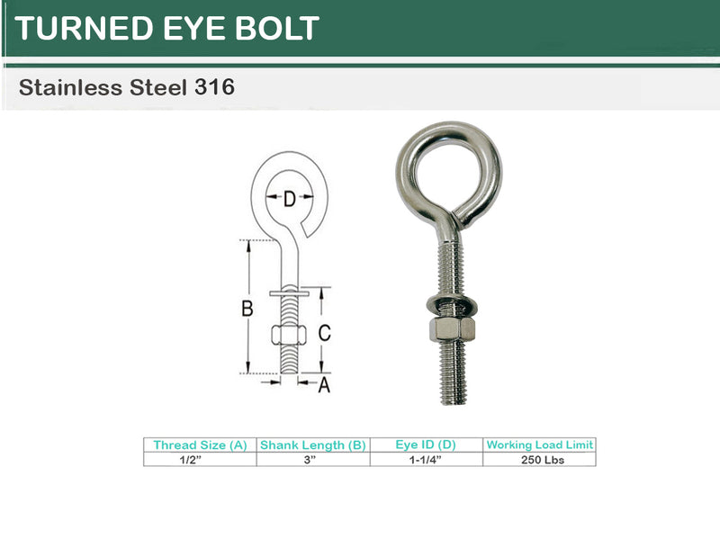 Marine Boat Stainless Steel T316 Turned Eye Bolt Nut and Washer _ Various Sizes