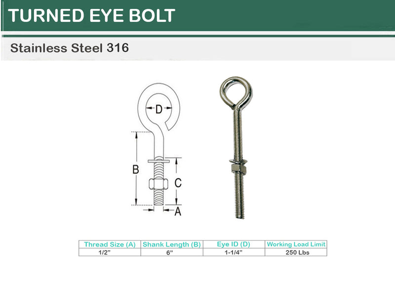 Marine Boat Stainless Steel T316 Turned Eye Bolt Nut and Washer _ Various Sizes