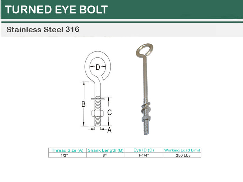 Marine Boat Stainless Steel T316 Turned Eye Bolt Nut and Washer _ Various Sizes