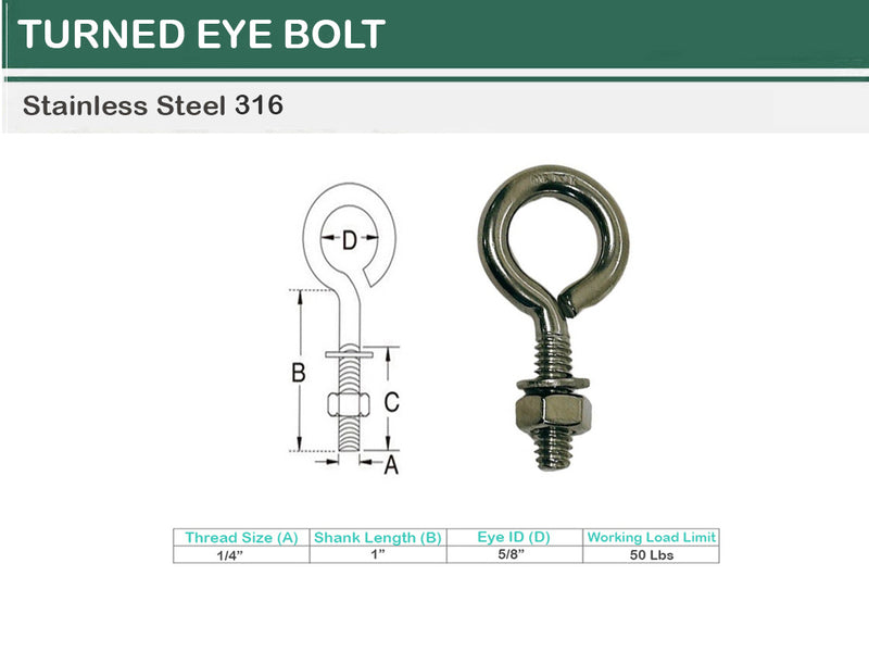 Marine Boat Stainless Steel T316 Turned Eye Bolt Nut and Washer _ Various Sizes