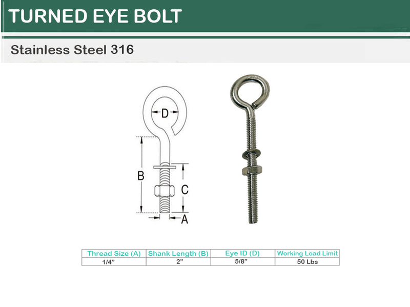 Marine Boat Stainless Steel T316 Turned Eye Bolt Nut and Washer _ Various Sizes