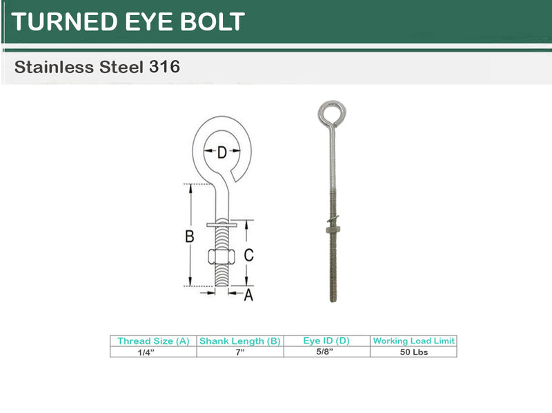 Marine Boat Stainless Steel T316 Turned Eye Bolt Nut and Washer _ Various Sizes