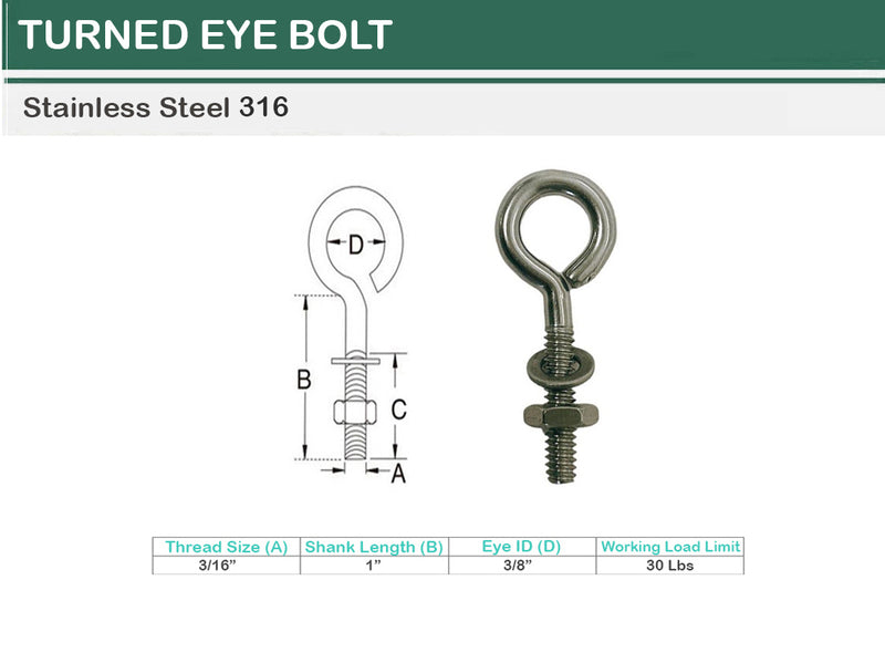 Marine Boat Stainless Steel T316 Turned Eye Bolt Nut and Washer _ Various Sizes