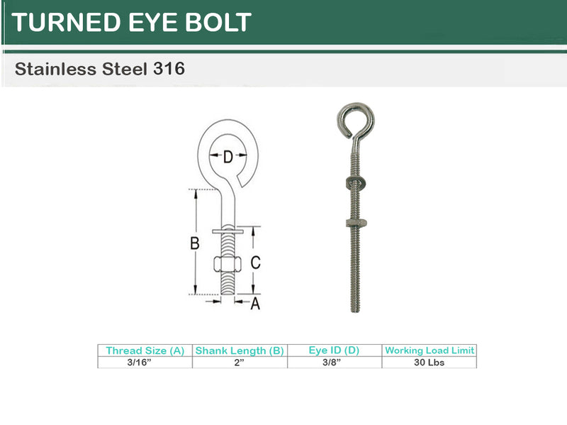 Marine Boat Stainless Steel T316 Turned Eye Bolt Nut and Washer _ Various Sizes