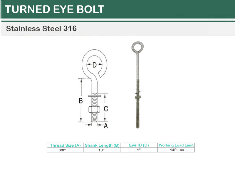 Marine Boat Stainless Steel T316 Turned Eye Bolt Nut and Washer _ Various Sizes