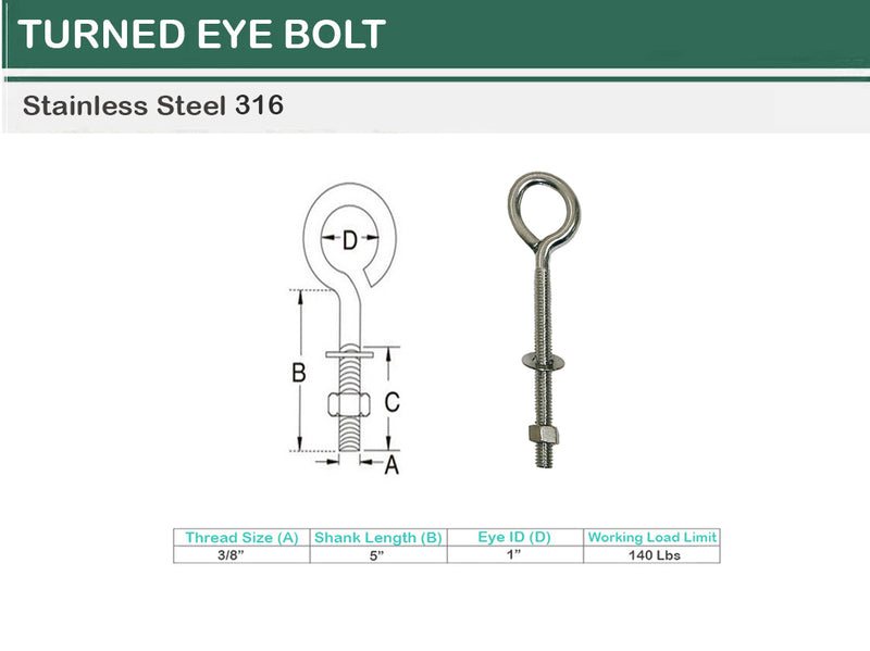 Marine Boat Stainless Steel T316 Turned Eye Bolt Nut and Washer _ Various Sizes