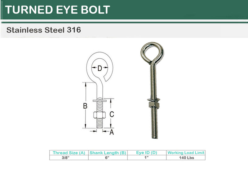 Marine Boat Stainless Steel T316 Turned Eye Bolt Nut and Washer _ Various Sizes