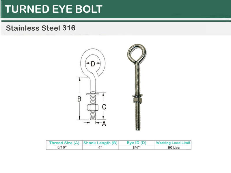 Marine Boat Stainless Steel T316 Turned Eye Bolt Nut and Washer _ Various Sizes