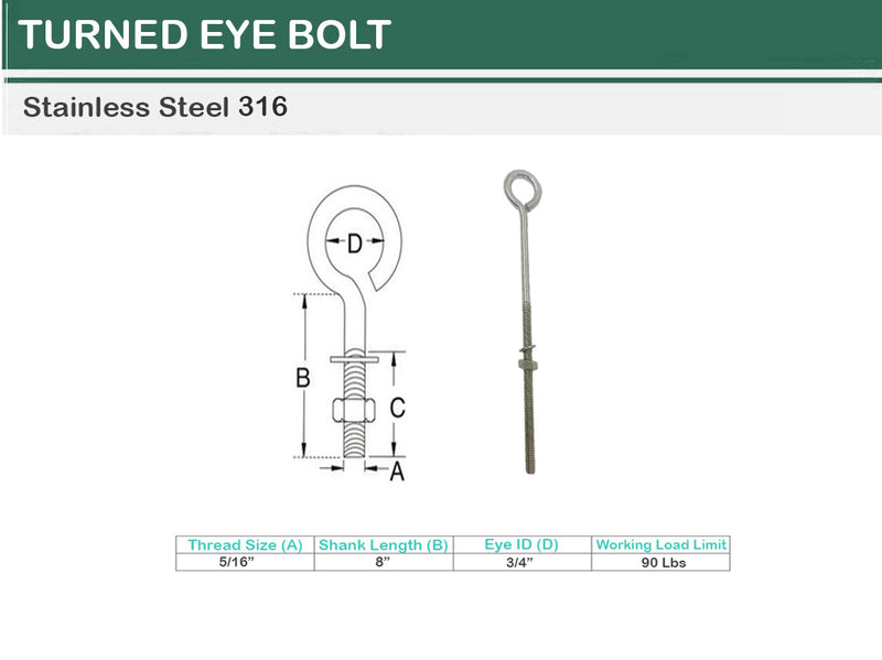 Marine Boat Stainless Steel T316 Turned Eye Bolt Nut and Washer _ Various Sizes