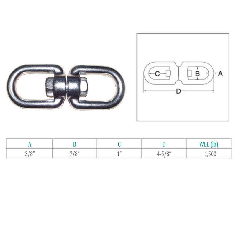 Stainless Steel 3/8" EYE EYE Swivel Marine Mooring SS-316 - 1500 lbs