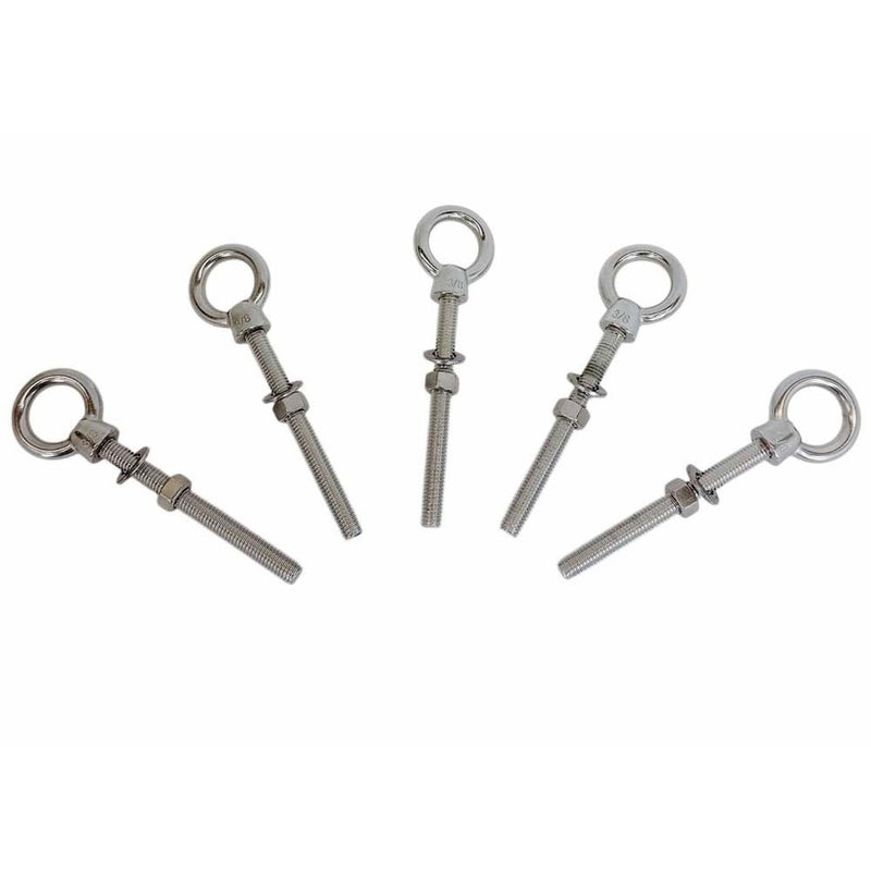 5 Pc Stainless Steel Marine 3/8" x 4" Shoulder Eye Bolt SS316 Fully Threaded 1,000 Lb Cap