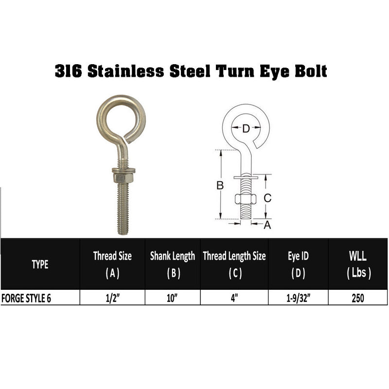 10 PC Forge Style Marine Stainless Steel 1/2" x 10" Turned Eye Bolt Nut and Washers  250 Lb Cap.