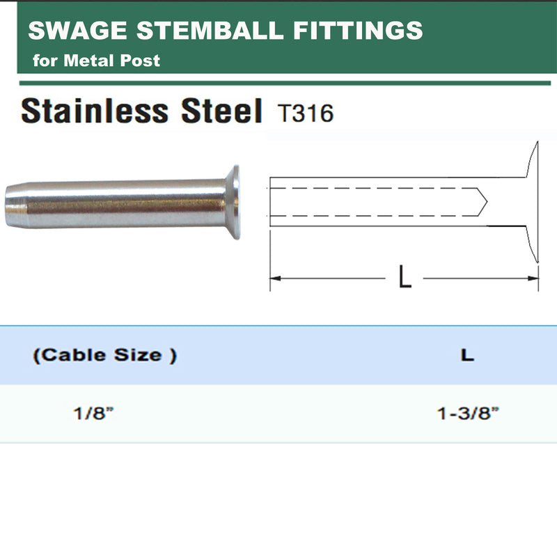 10 Pc 1/8" Cable Railing T316 Stainless Steel Swage Stemball for METAL POST