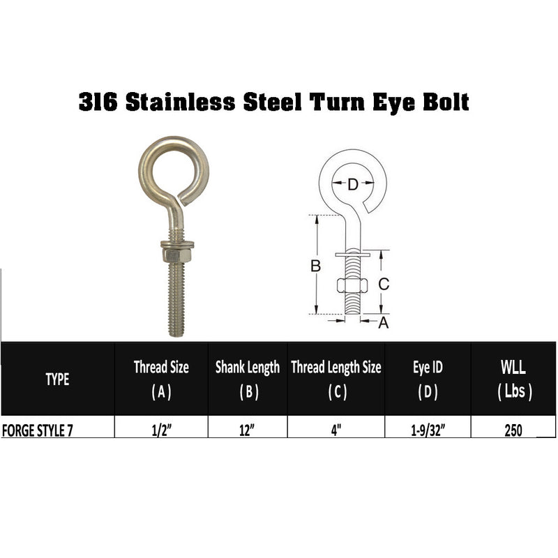 10 Pc Forge Style Marine Stainless Steel 1/2" x 12" Turned Eye Bolt Nut and Washers  250 Lb Cap.