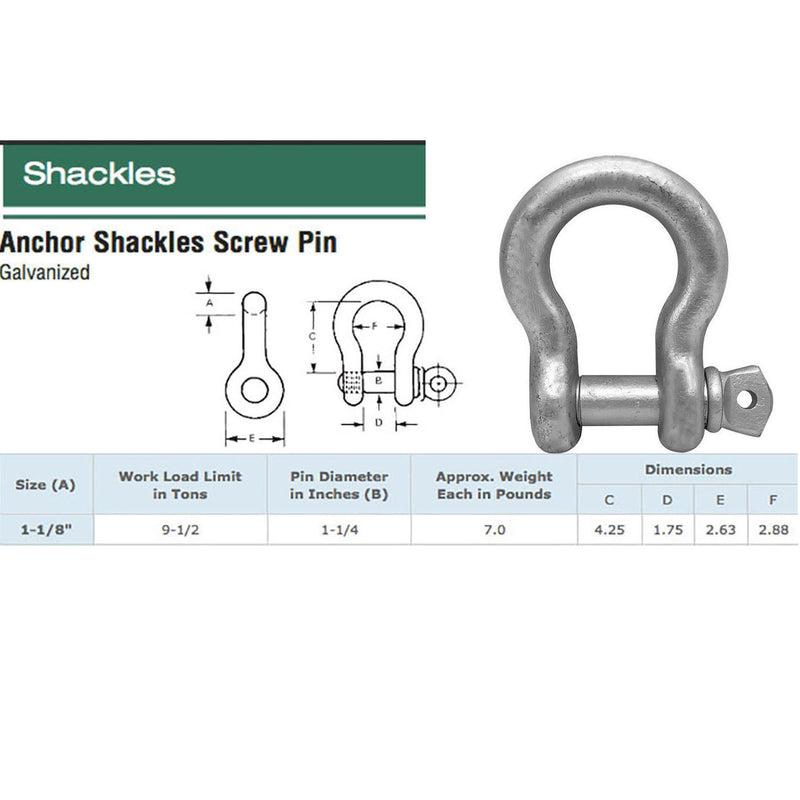 1-1/8" Screw Pin Anchor Shackle Galvanized Steel Drop Forged 19000 Lbs D Ring Bow Rigging