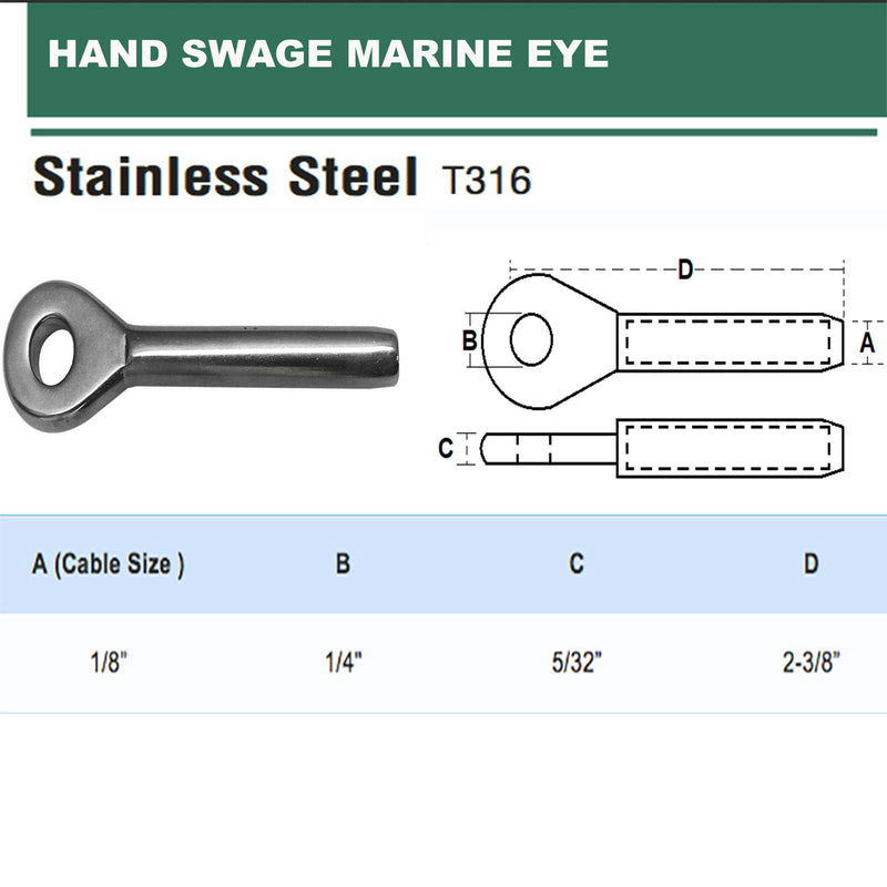 5 PC 1/8" Wire Rope Swage Eye Terminal Hand Aircraft Eye Stainless Steel