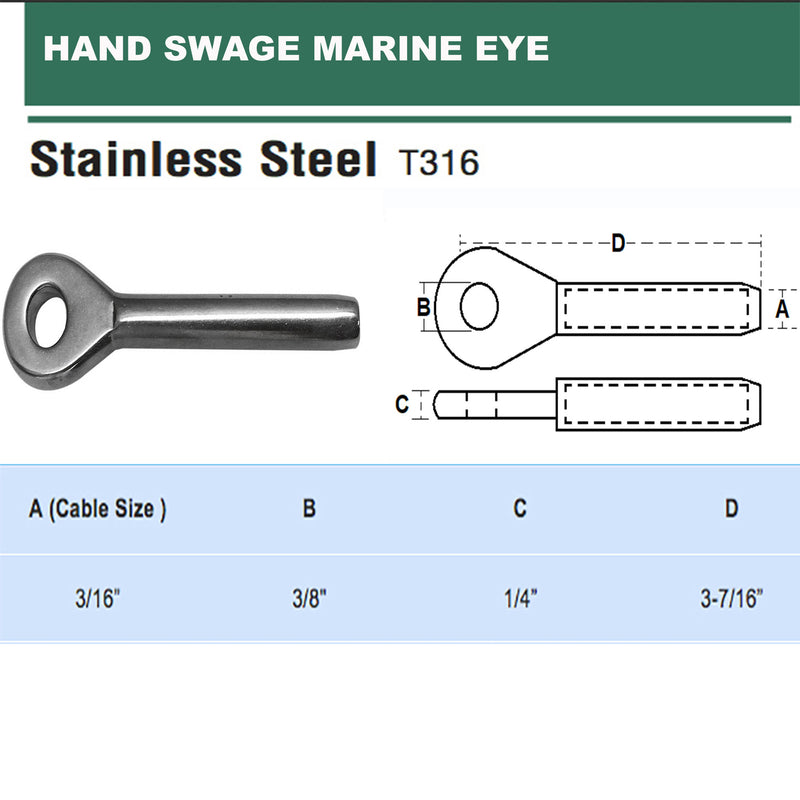 5 PC 3/16" Wire Rope Swage Eye Terminal Hand Aircraft Eye Stainless Steel