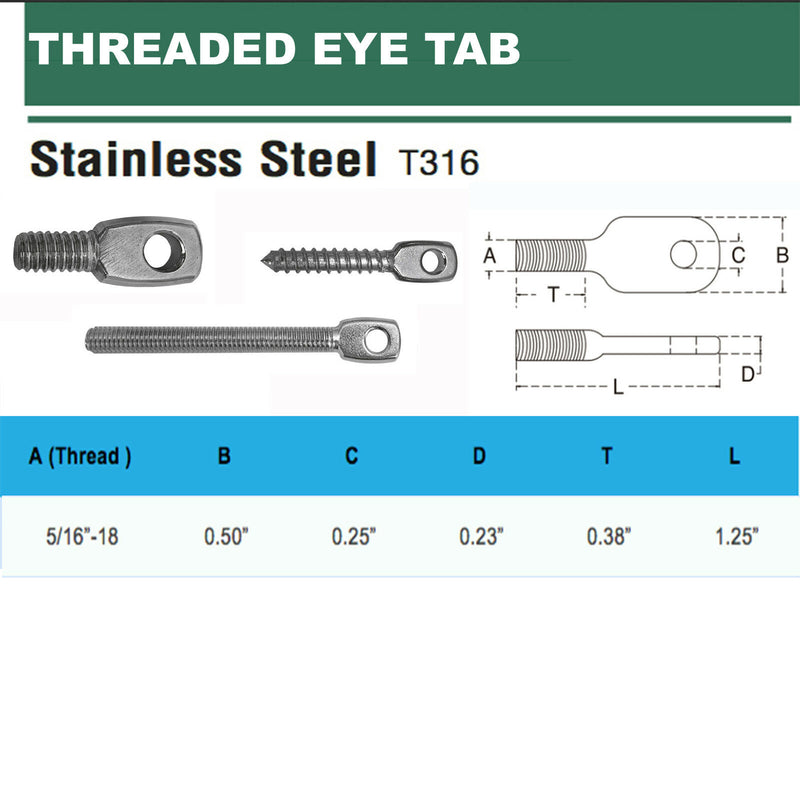 5 Pc 1-1-4''Long 5-16'' - 18 Thread Size Stainless Steel T316 Threaded Eye Tab Boat Marine