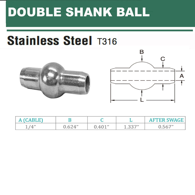 1/4" Double Shank Ball Stainless Steel 316 Swage Fitting Terminal Cable Wire Rope