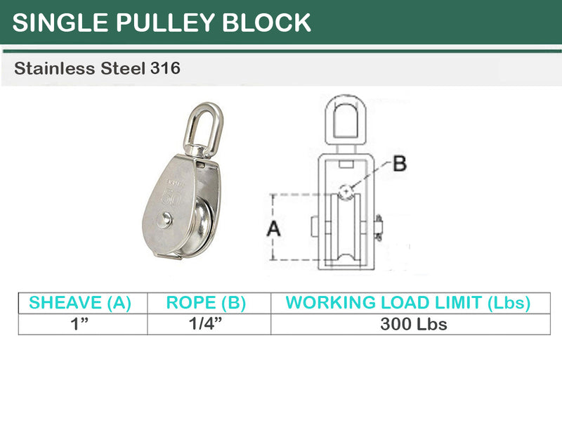 5 PC 1'' Marine Stainless Steel 316 SINGLE Pulley w- Swivel Eye Hoist Lift 300Lb