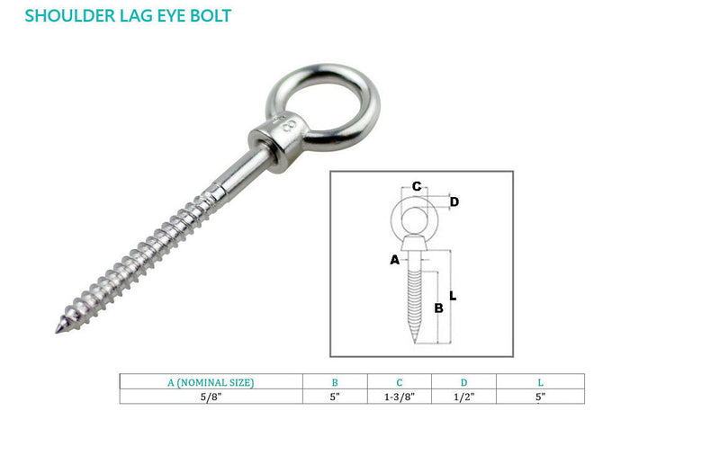 Stainless Steel Screw Lag Eye Bolt Size 1/4", 5/16", 3/8", 1/2"