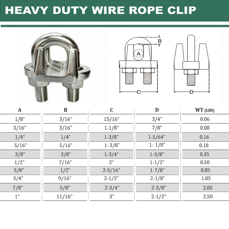 Marine Stainless Steel 316 Heavy Duty Wire Rope Clips 1/8" to 1" Cable Clamp Rig Boat