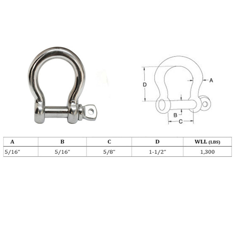 5 PCS 5/16" Chain Rigging Bow Shackle Anchor for Boat Stainless Steel Paracord