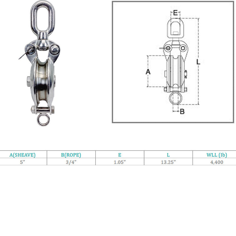 Heavy Duty Stainless Steel T316 Sheave Swivel Block Hoist Lift For Wire Rope