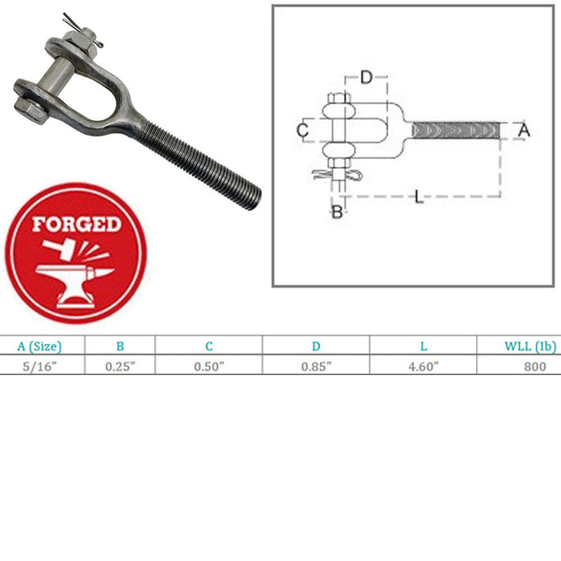 316 Stainless Steel 5/16" Drop Forged Turnbuckle Jaw RIGHT HAND Thread 800Lb WLL