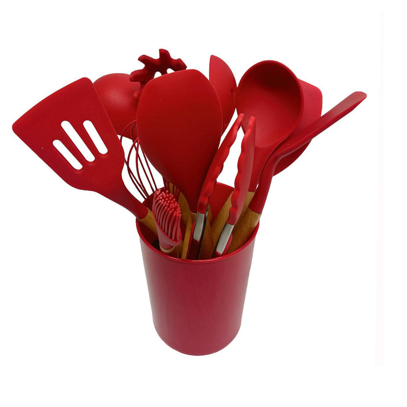 12 Pc Silicone Kitchen Utensil Set Spatula Spoon Pasta Serving Tong Whisk - RED