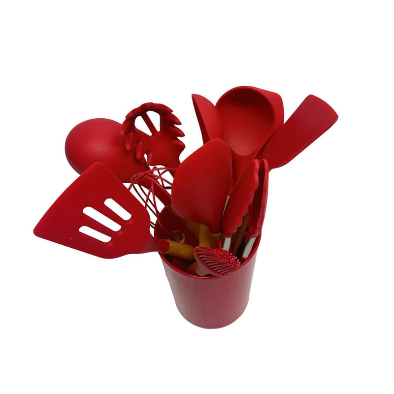 12 Pc Silicone Kitchen Utensil Set Spatula Spoon Pasta Serving Tong Whisk - RED