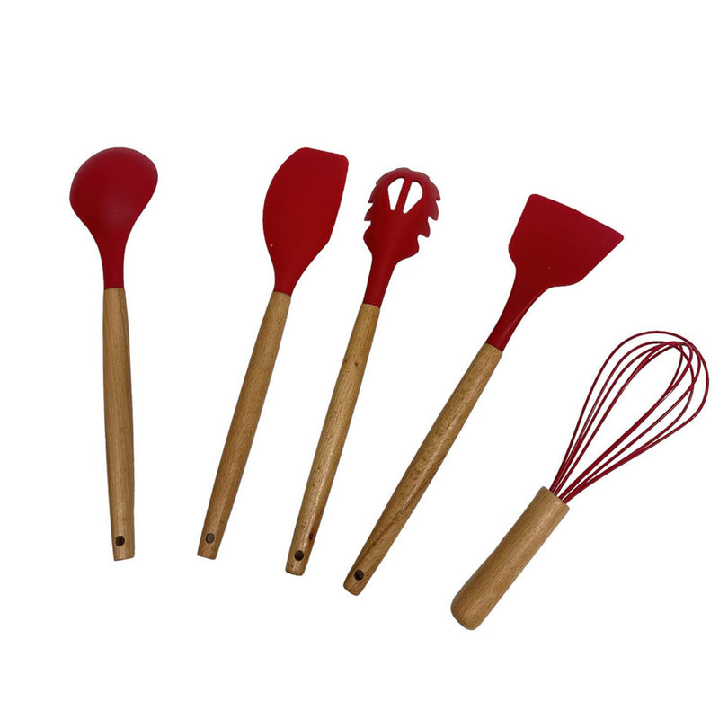 12 Pc Silicone Kitchen Utensil Set Spatula Spoon Pasta Serving Tong Whisk - RED