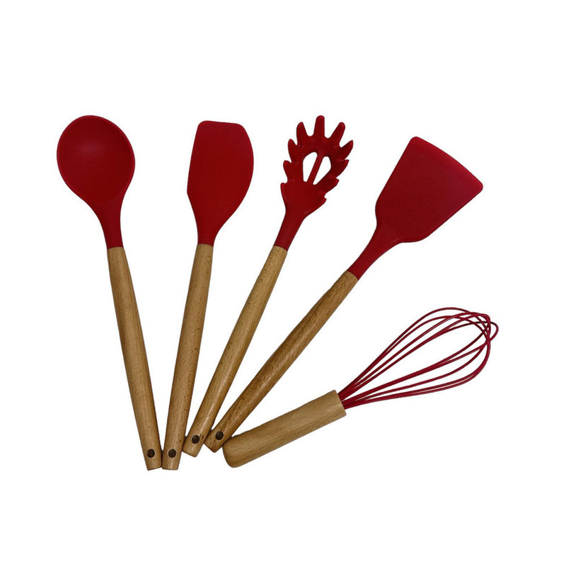 12 Pc Silicone Kitchen Utensil Set Spatula Spoon Pasta Serving Tong Whisk - RED