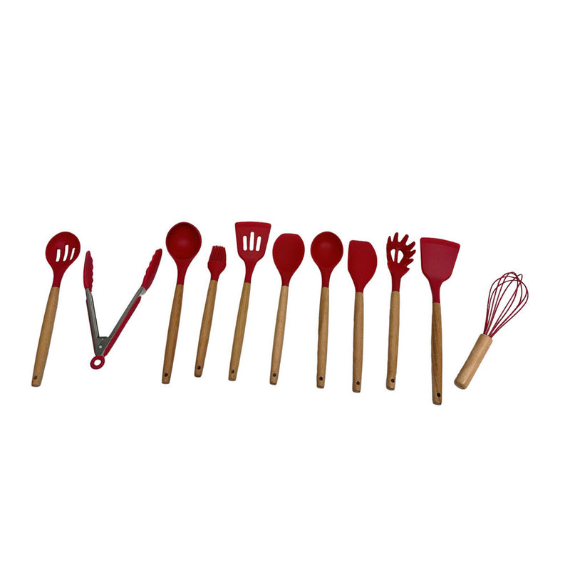 12 Pc Silicone Kitchen Utensil Set Spatula Spoon Pasta Serving Tong Whisk - RED