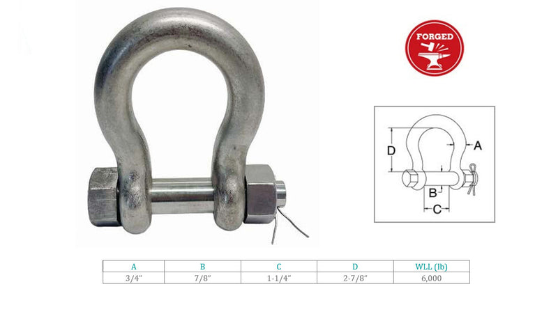 Marine T316 Stainless Steel Drop Forged 3/4" Bolt Pin Anchor Shackle 6000 Lb WLL