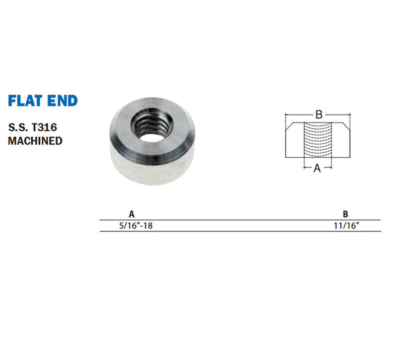 Marine Boat T316 Stainless Steel 5/16"-18 Thread 11/16" Flat End Hardware Nut