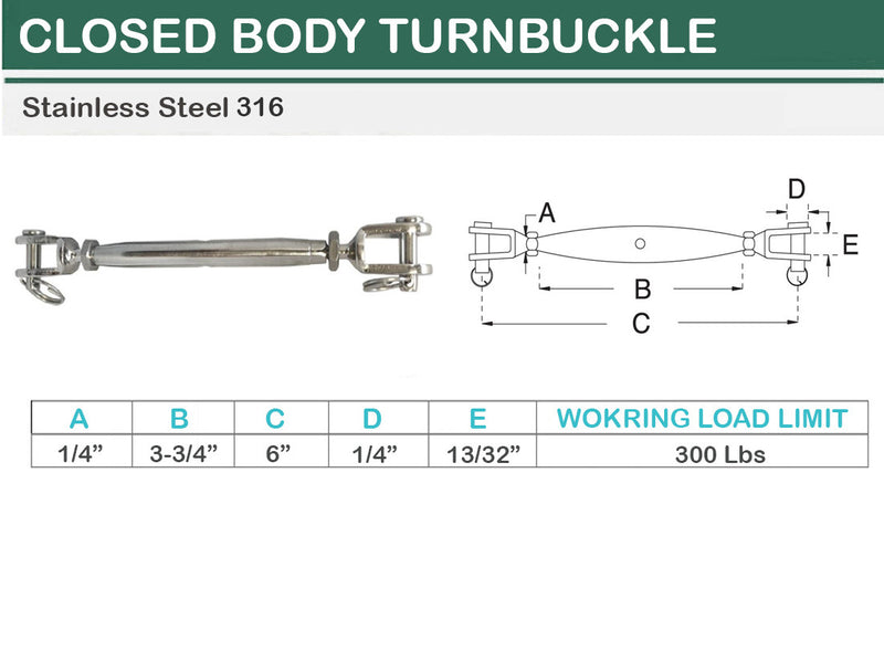 Stainless Steel JAW JAW Closed Body Turnbuckle 3/16", 1/4", 5/16", 3/8", 5/8"