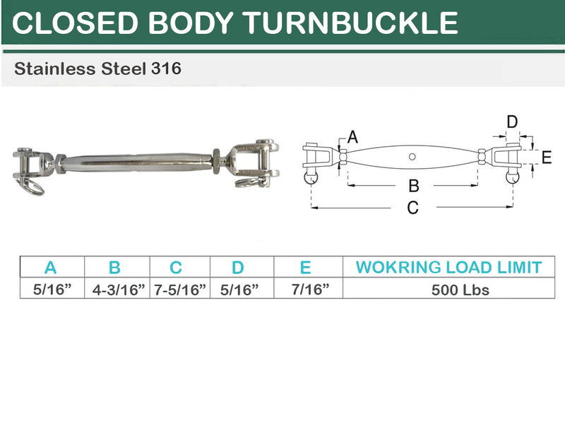 Stainless Steel JAW JAW Closed Body Turnbuckle 3/16", 1/4", 5/16", 3/8", 5/8"