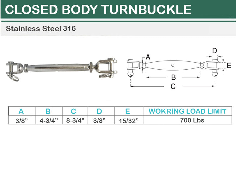 Stainless Steel JAW JAW Closed Body Turnbuckle 3/16", 1/4", 5/16", 3/8", 5/8"