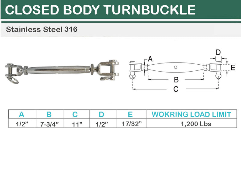 Stainless Steel JAW JAW Closed Body Turnbuckle 3/16", 1/4", 5/16", 3/8", 5/8"