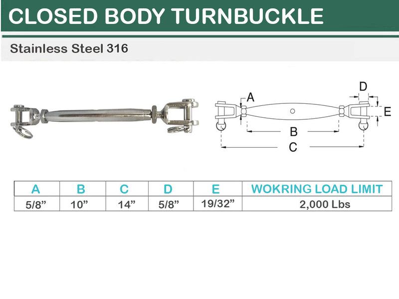 Stainless Steel JAW JAW Closed Body Turnbuckle 3/16", 1/4", 5/16", 3/8", 5/8"