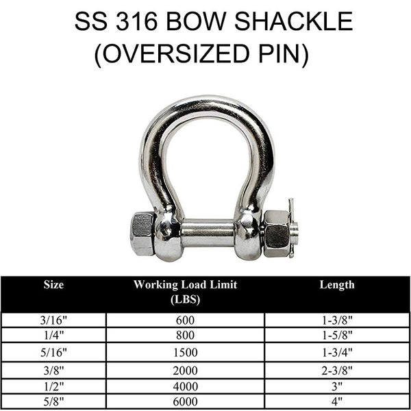 Stainless Steel 316 Bolt Pin Anchor Shackle 3/16" to 5/8" Oversized Pin