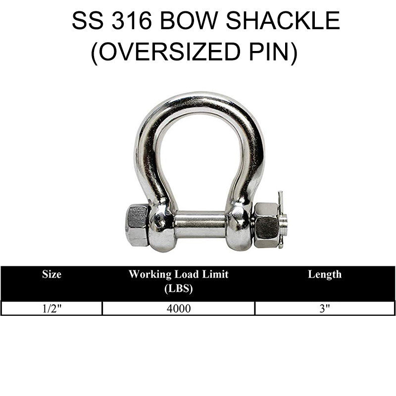 Stainless Steel 316 Bolt Pin Anchor Shackle 3/16" to 5/8" Oversized Pin