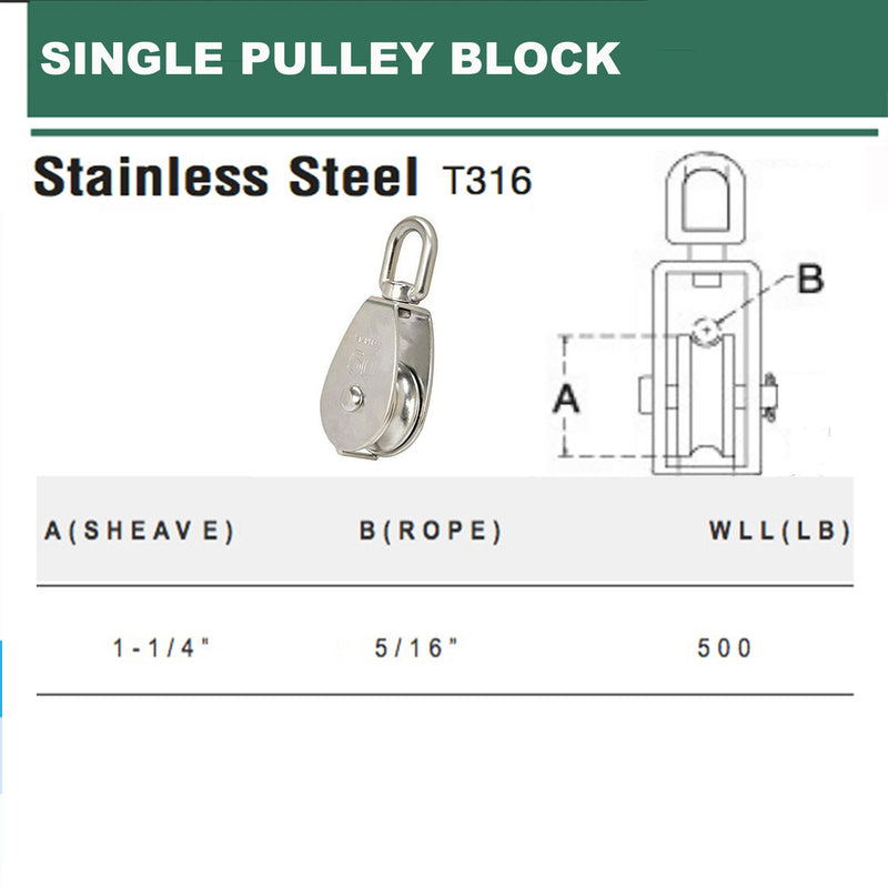 5 PC 1-1/4'' Marine Stainless Steel SINGLE Pulley w- Swivel Eye Hoist Lift 500Lb