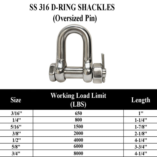 Stainless Steel 316 Bolt Pin Chain D-RING SHACKLES 3/16" to 3/4" Oversized Pin