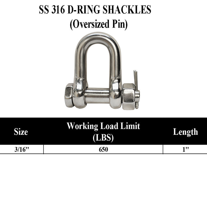 Stainless Steel 316 Bolt Pin Chain D-RING SHACKLES 3/16" to 3/4" Oversized Pin